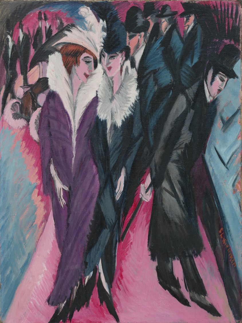 Figure 21-1: Kirchner stretched the figures in Street, Berlin, perhaps because the Berlin denizens strut down the avenue like peacocks; or maybe because their tall hats and feathered headdresses suggest that they want to add several inches to their stature.